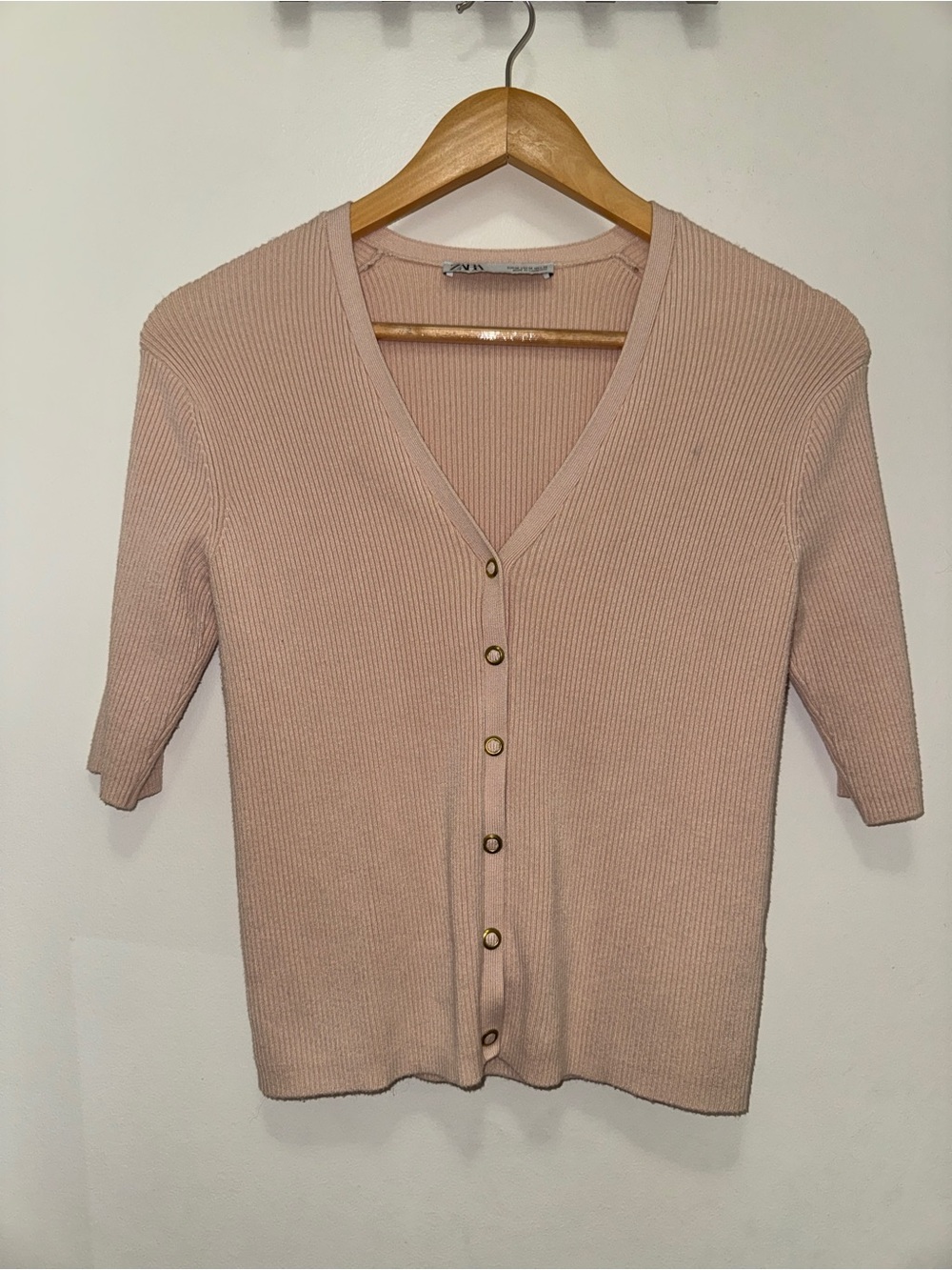 Zara Blush Ribbed V-Neck Button Front Sweater